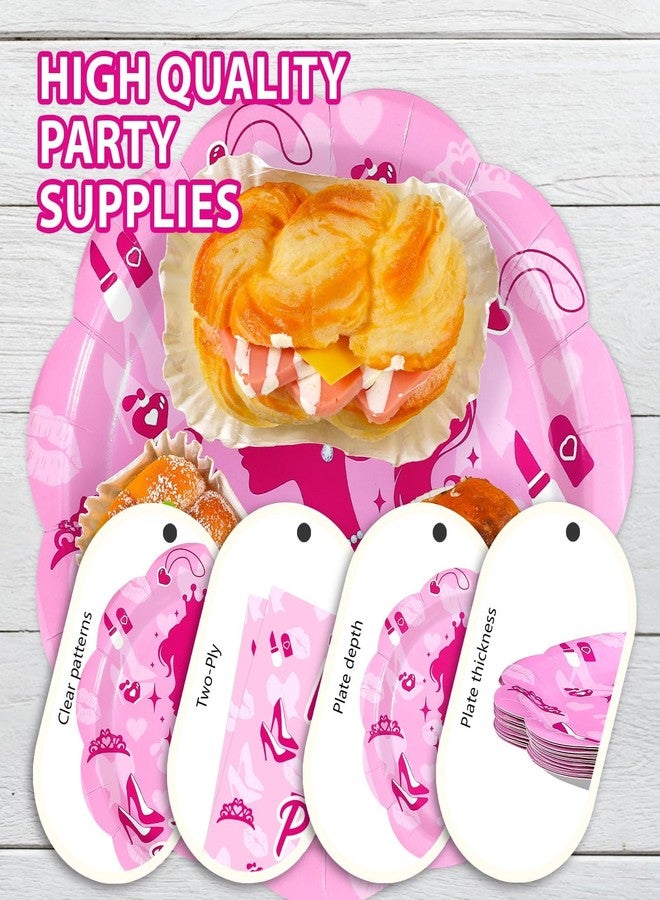Greencian 168Pcs Pink Girl Party Supplies Hot Pink Birthday Plates and Napkins Pink Princess Decorations Tableware Set for Girl Doll Theme Party Supplies，Serves 24 - Image 4